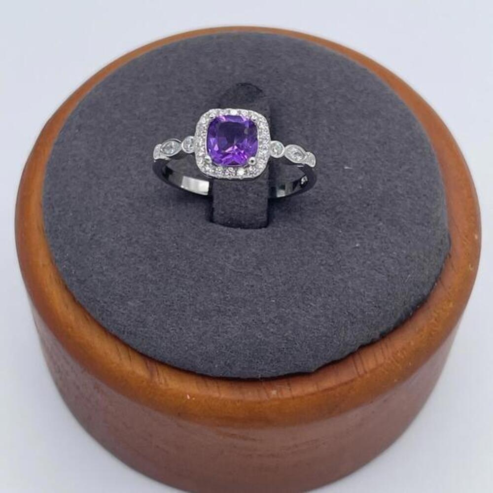 925 Sterling Silver Amethyst Ring Halo Ring Cushion-Cut 14K White Gold Plating